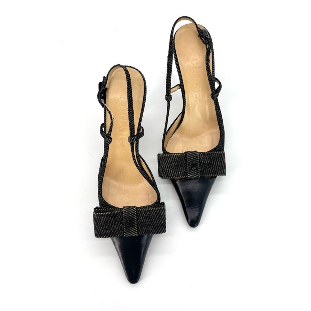 Chanel CC Retro Vintage Lagerfeld Bow Black Denim Slingback Pointed Toe Pumps 35 - Picture 4 of 8